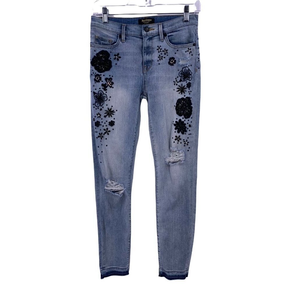 Juicy Couture Distressed Denim Beaded Raw Hem Skinny Jeans Size 25